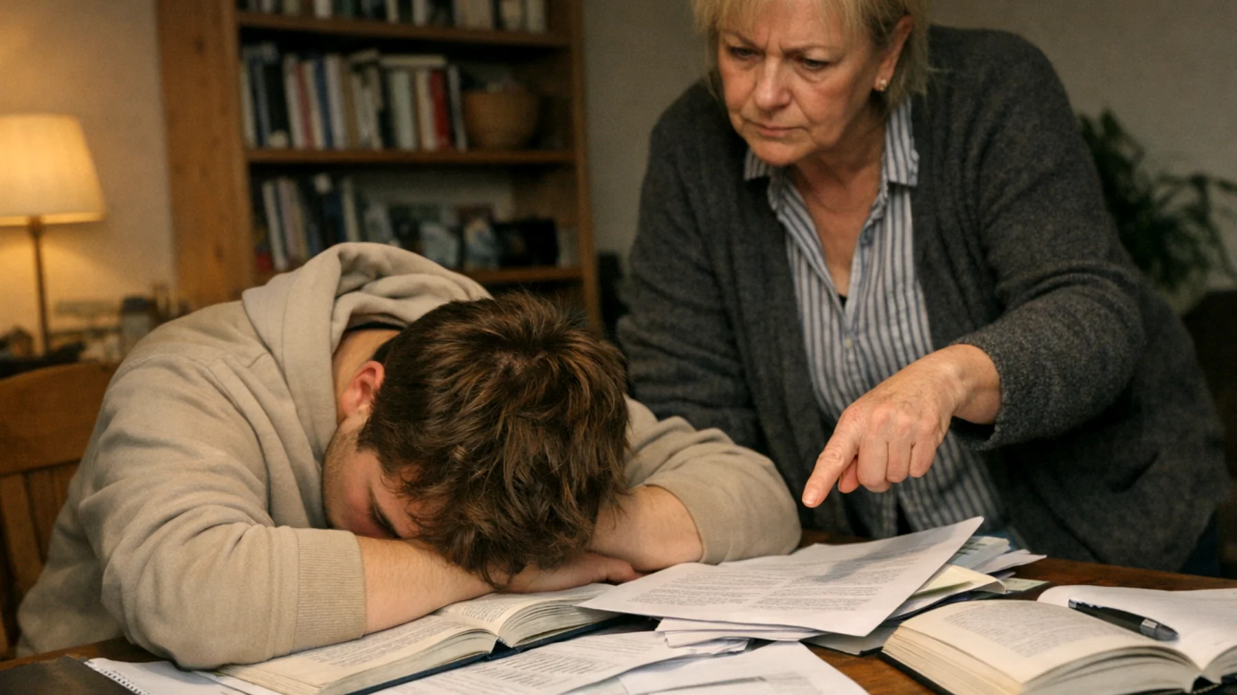 Eine Mutter übt übermäßigen Druck auf ihr junges Erwachsenenkind aus, indem sie hohe schulische und berufliche Erwartungen stellt, ohne die persönlichen Wünsche und Grenzen des Kindes zu berücksichtigen. Das junge Erwachsenenkind fühlt sich ständig unter Druck gesetzt, die Erwartungen der Mutter zu erfüllen, was zu Stress, Erschöpfung und einem Gefühl der Unzulänglichkeit führt."